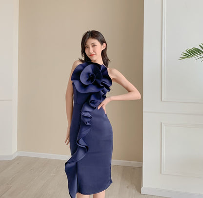 DOLLY Elegant French Style Sleeveless Ruffle Collar Slim Fit Midi Cocktail Dress-BANNIE