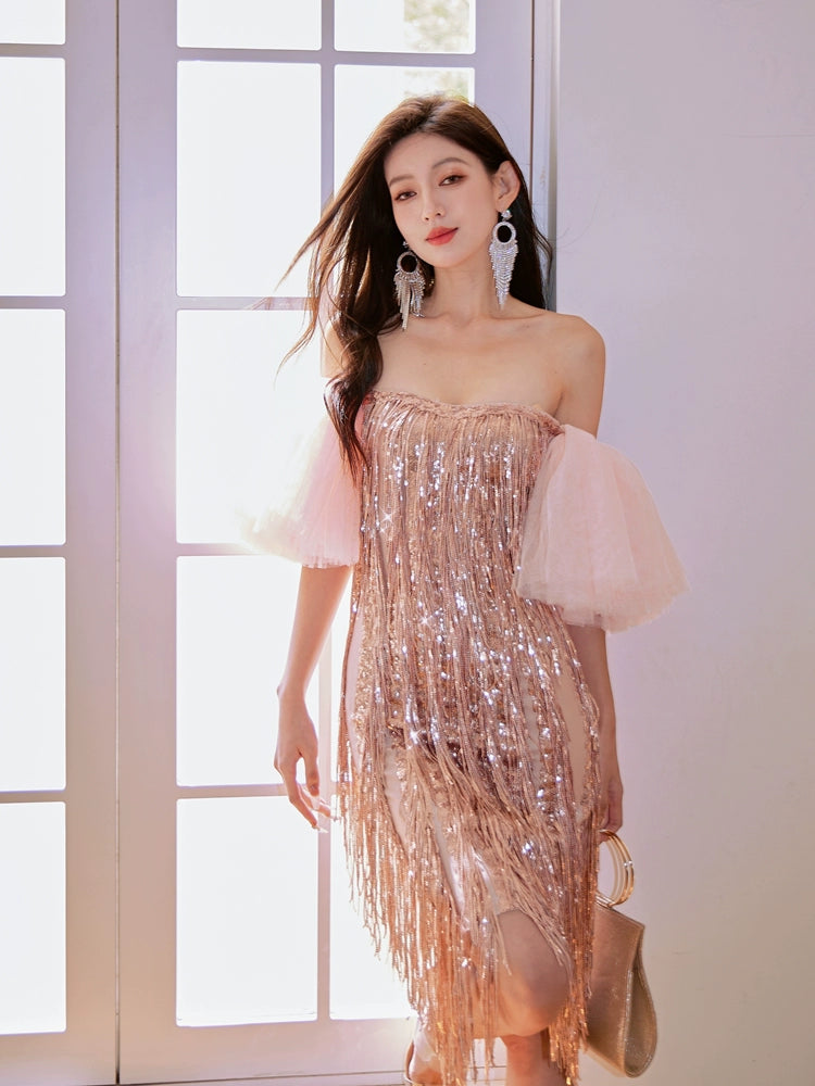 DOLLY Luxury Retro Puff Sleeve Glitter Tassel Tube Top Short Party Dress-LORENA