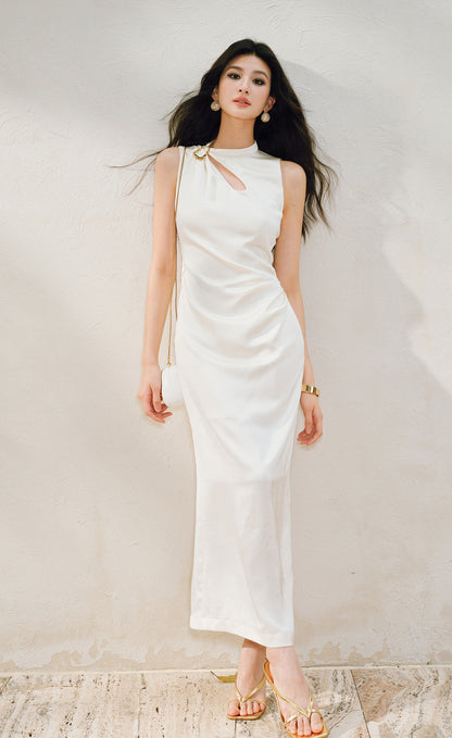 WANGXO |Water Drop Cutout, Custom Pin & Pinch-Pleated Sleeveless Dress- SENA