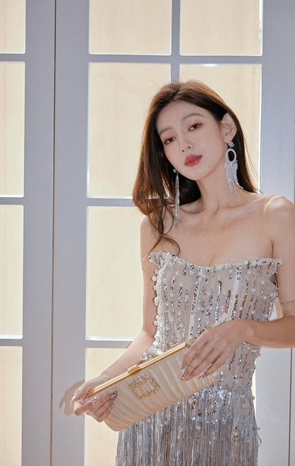 DOLLY Elegant Chest Wrap Glittering Tassel Tube Top Beaded Short Sexy Dress-LENORA  (V)