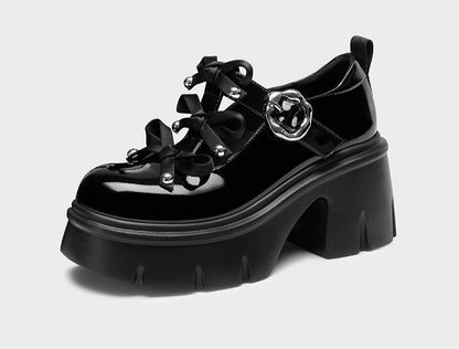 Pjjuu Black Jk Small Leather Women's Platform Height Increase Loafers - ROUND