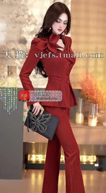 VJE Three-dimensional Flower Top Flared Pants Two-Piece Irregular Suit-LIMI.