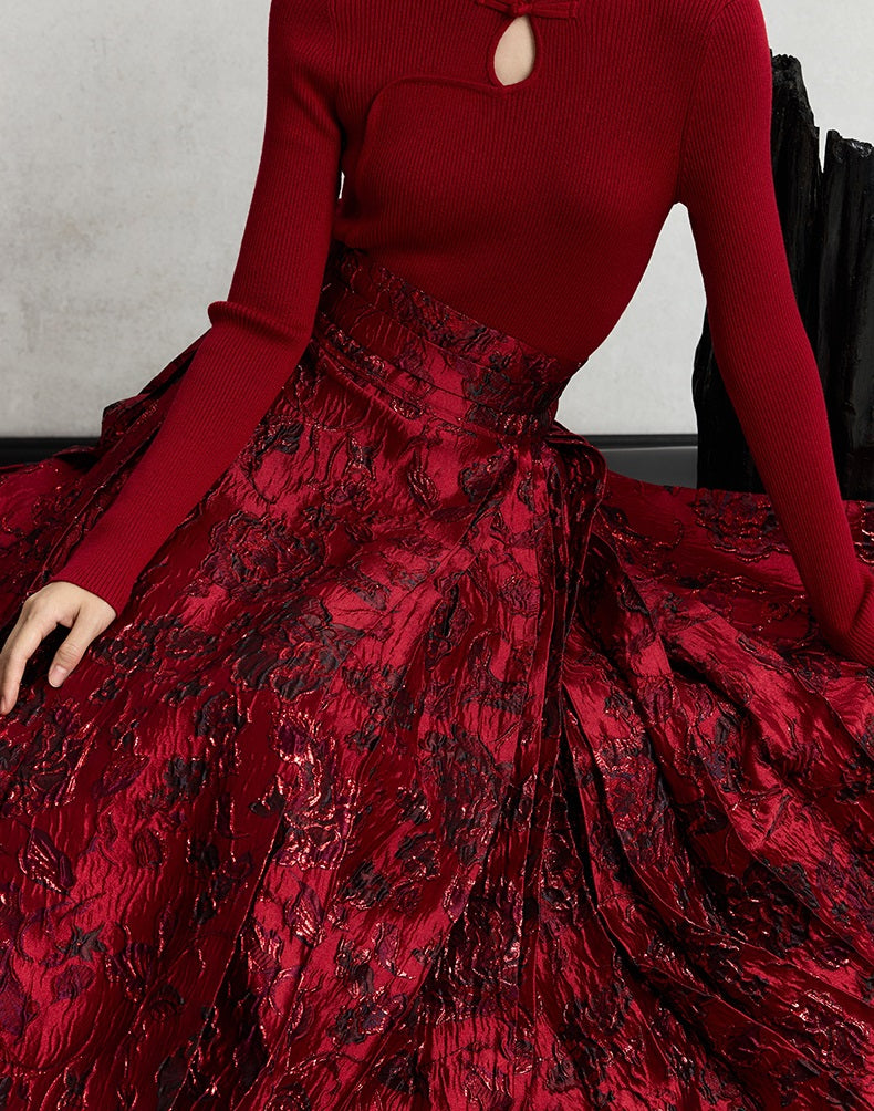 HECO Wear Gold Wire Embossed Horse Face red high waist pleated Skirt - burn.