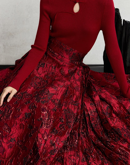 HECO Wear Gold Wire Embossed Horse Face red high waist pleated Skirt - burn.