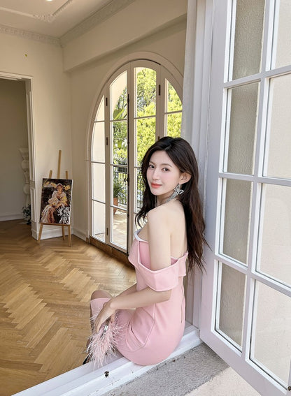 DOLLY Luxury Peach Sleeveless Off Shoulder Knitted Midi Banquet Dress-MANA