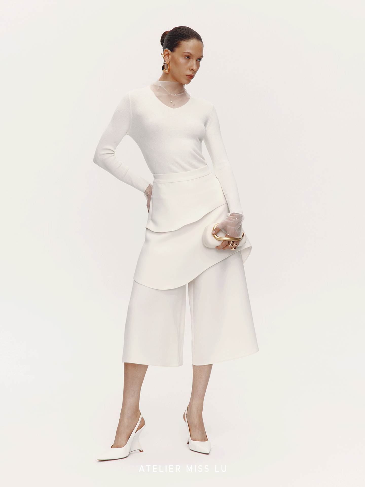ATELIER MISS LU pearl embellished gauze patchwork knitted top - STRAD