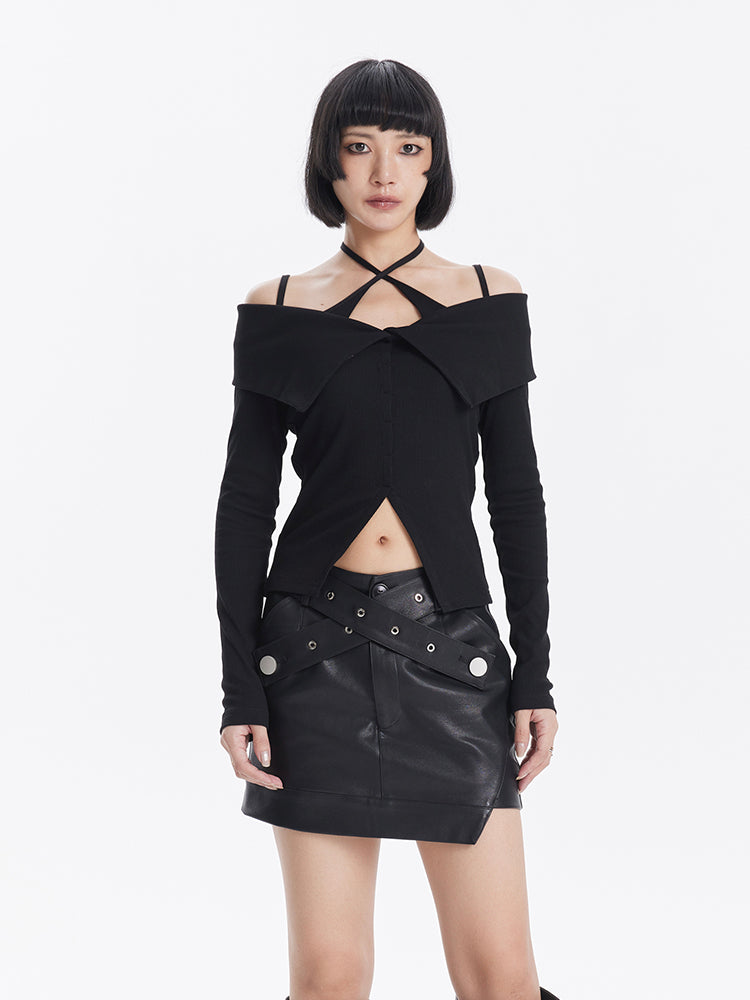 TINY IN crossover off-the-shoulder large lapel knitted long sleeve cut-out top-YOMI