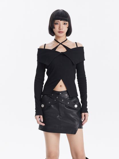 TINY IN crossover off-the-shoulder large lapel knitted long sleeve cut-out top-YOMI