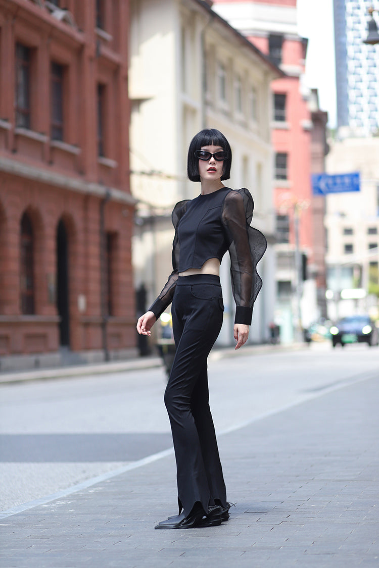 ANNAKIKI Niche Designer Black Star-Shaped Bootcut  Casual Pants-HINATA