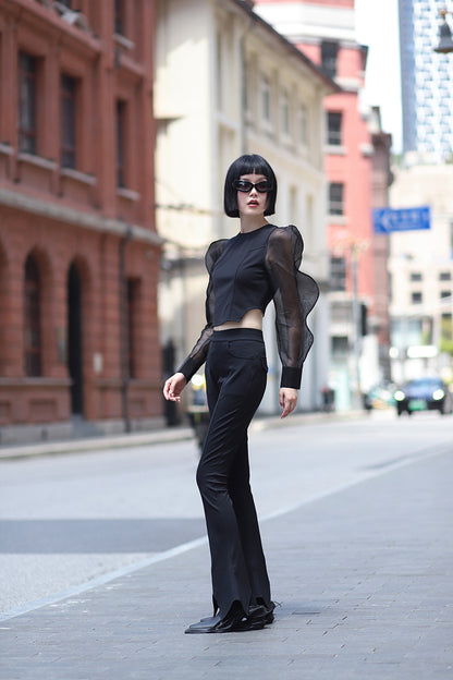 ANNAKIKI Niche Designer Black Star-Shaped Bootcut  Casual Pants-HINATA