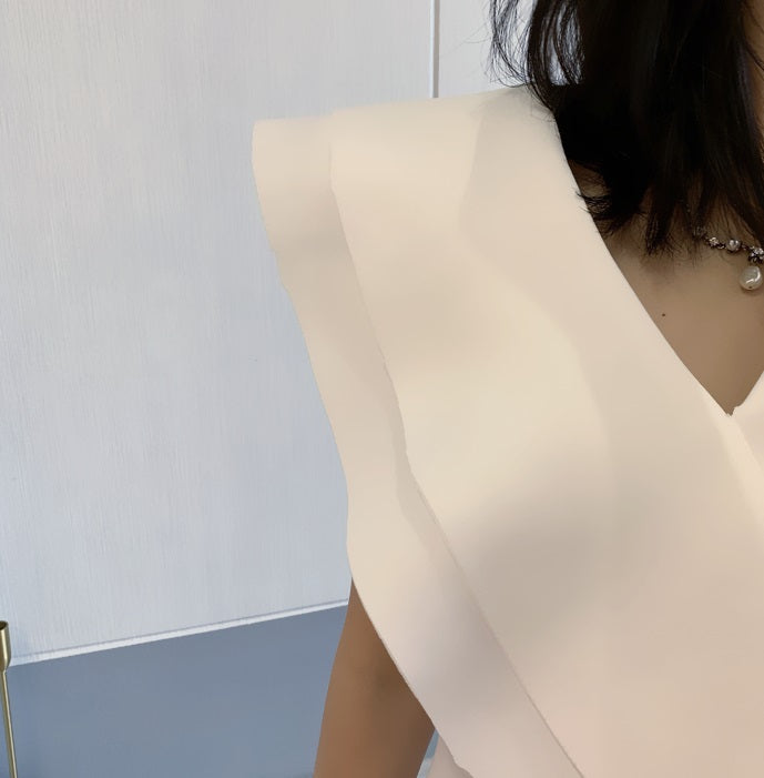 DOLLY Elegant White V-Neck Flying Ruffle Sleeve Slim Fit Long Goddess Dress-CLAUDIA