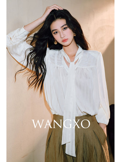 WANGXO Bright Silk Satin with 3D Drawstring Detail Temperament V-Neck - LENNA
