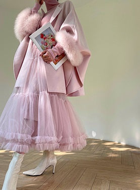 Aconiconi Winter pink wool cape fox fur sleeve double-sided coat-Sakura