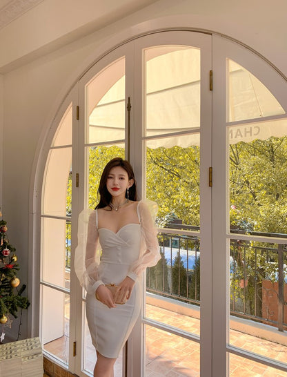 DOLLY Elegant White/Black V-Neck Mesh Long Puff Sleeve Slim Fit Dress-HAN