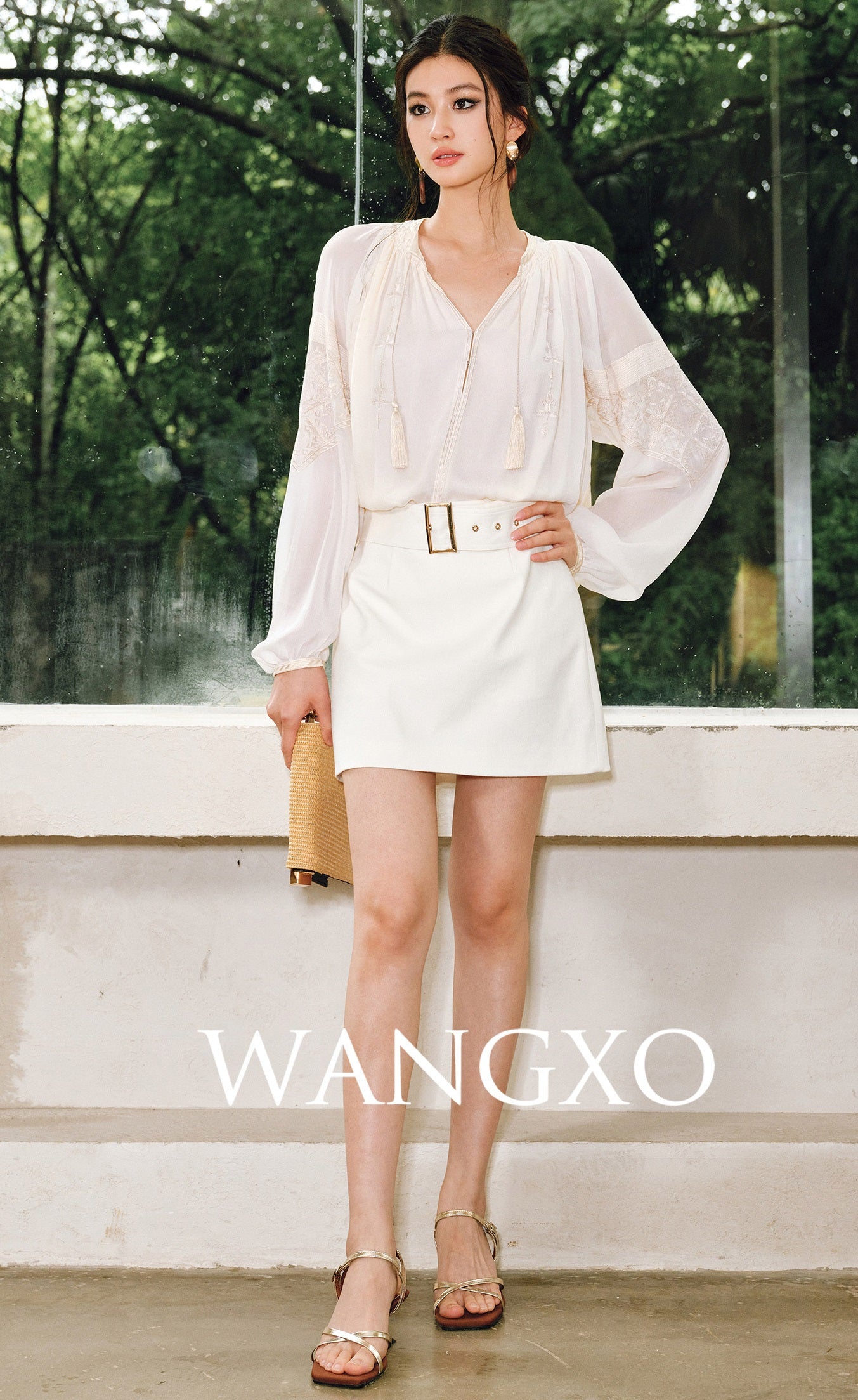 WANGXO | High-Content Premium Cotton Skirt Featuring Metal Loop Belt -RINA