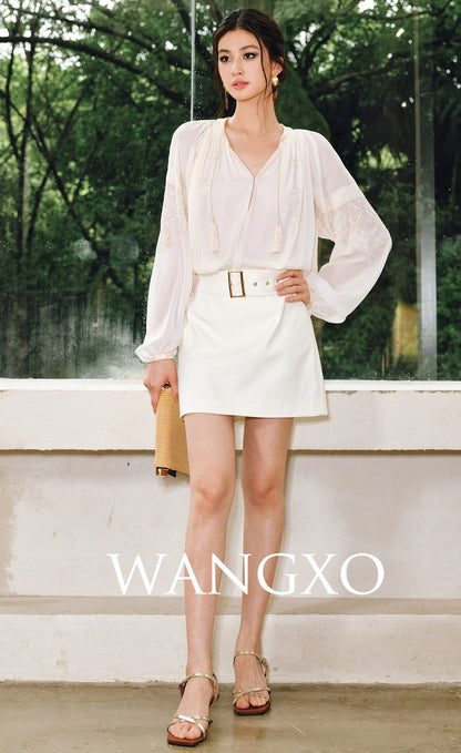 WANGXO | High-Content Premium Cotton Skirt Featuring Metal Loop Belt -RINA