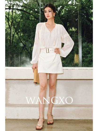 WANGXO | High-Content Premium Cotton Skirt Featuring Metal Loop Belt -RINA