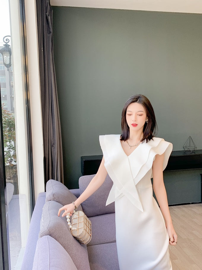 DOLLY Elegant White V-Neck Flying Ruffle Sleeve Slim Fit Long Goddess Dress-CLAUDIA