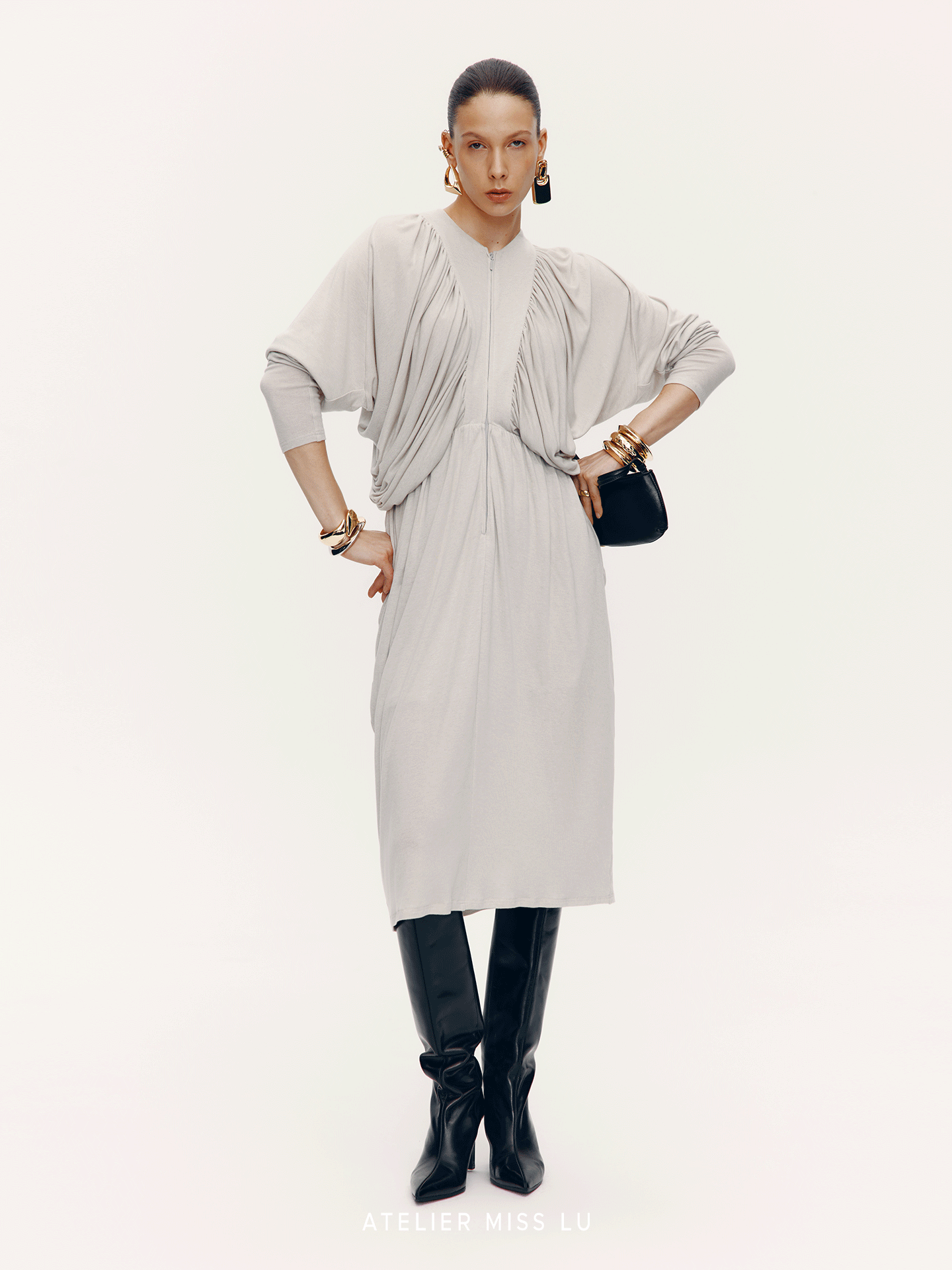 ATELIER MISS LU New Vertical Draped Design Long Sleeve Dress - DERM.