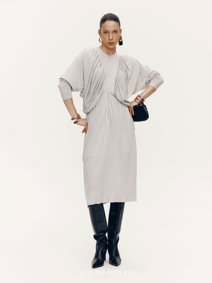ATELIER MISS LU New Vertical Draped Design Long Sleeve Dress - DERM.