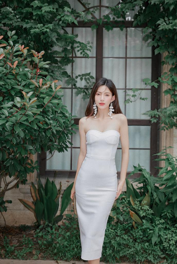 DOLLY Luxury White Simple Off Shoulder Tube Top Slim Fit Hip Hug Banquet Dress-BORA