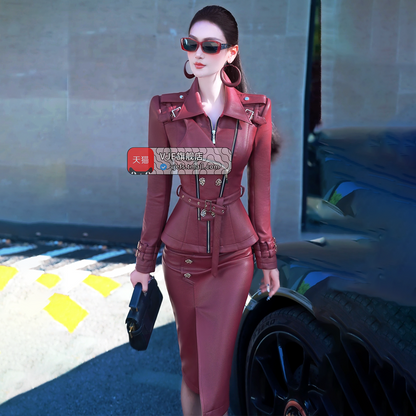 VJE PU Leather Jacket Midi Hip Skirt Two-Piece Skirt Suit Set-BORA.
