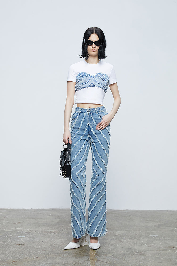 ANNAKIKI fractal shooting star raw edge denim bell bottoms-YAMEN.