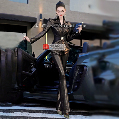 VJE three-dimensional cut top flared pants two-piece set  -KIRA.