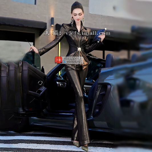 VJE three-dimensional cut top flared pants two-piece set  -KIRA.