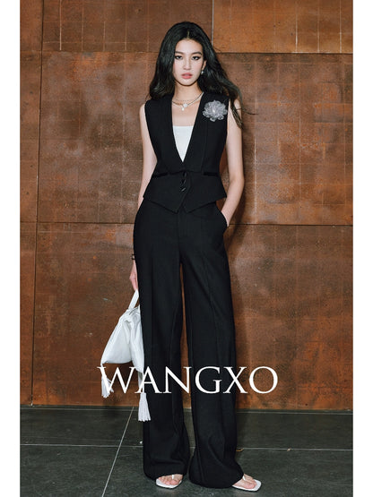 WANGXO|Wide Suit Material Spell Real Acetate Detachable Handmade Flowers V-Neck Vest Trousers - MAVIS