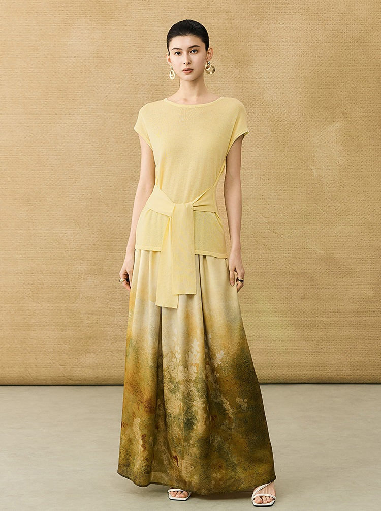 HECO Chinese Gradient Blended Lightweight Summer Print High-Waisted Skirt - AVEL.