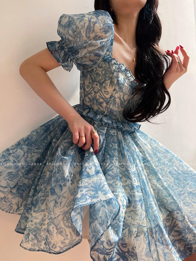Aconiconi Elegant Blue French Print Short Princess Dress- Blue Ocean Whisper S / Blue Aconiconi Elegant Blue French Print Short Princess Dress- Blue Ocean Whisper S / Blue
