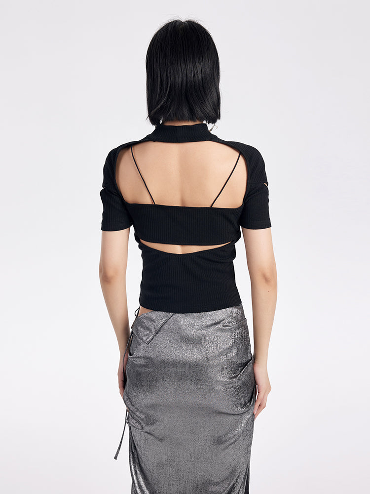 TINY IN cut-out high neck u-neck short sleeve fake two-piece top - COM