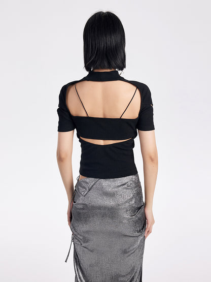 TINY IN cut-out high neck u-neck short sleeve fake two-piece top - COM