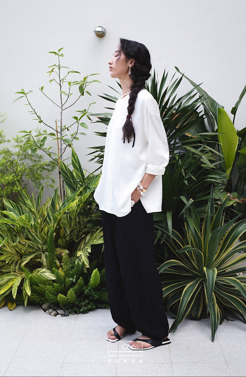 TUYUE White Acetate Satin Jacquard Buckle Shirt- SANDRA.