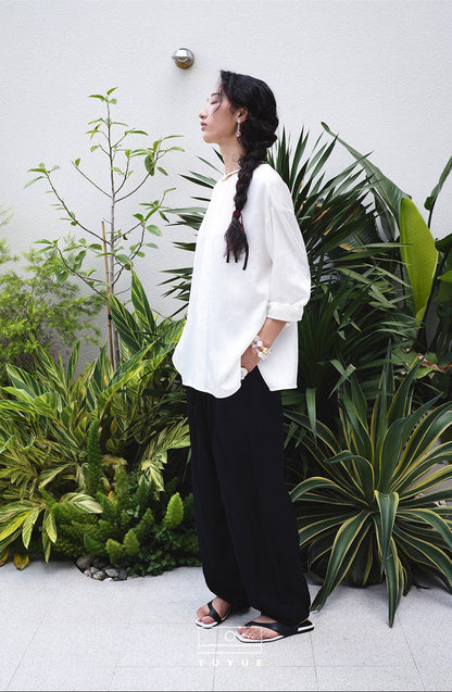 TUYUE White Acetate Satin Jacquard Buckle Shirt- SANDRA.