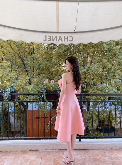 DOLLY Elegant Off Shoulder Pleated Ruffle Tube Top High Wait Midi Dress-LLA