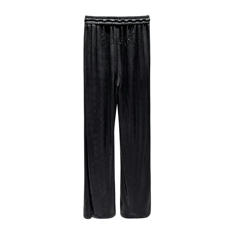 ANNAKIKI Glossy Black Hot Diamond Horseshoe Pants Women's Bootcut Pants-FUMI