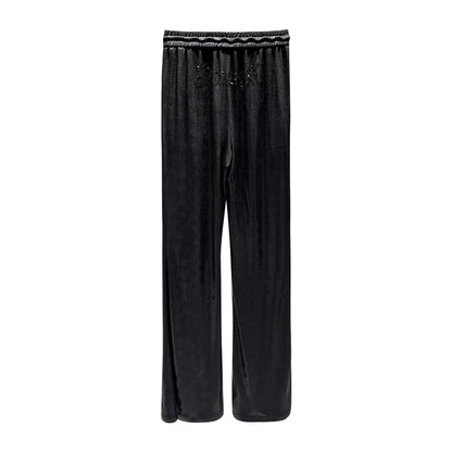 ANNAKIKI Glossy Black Hot Diamond Horseshoe Pants Women's Bootcut Pants-FUMI