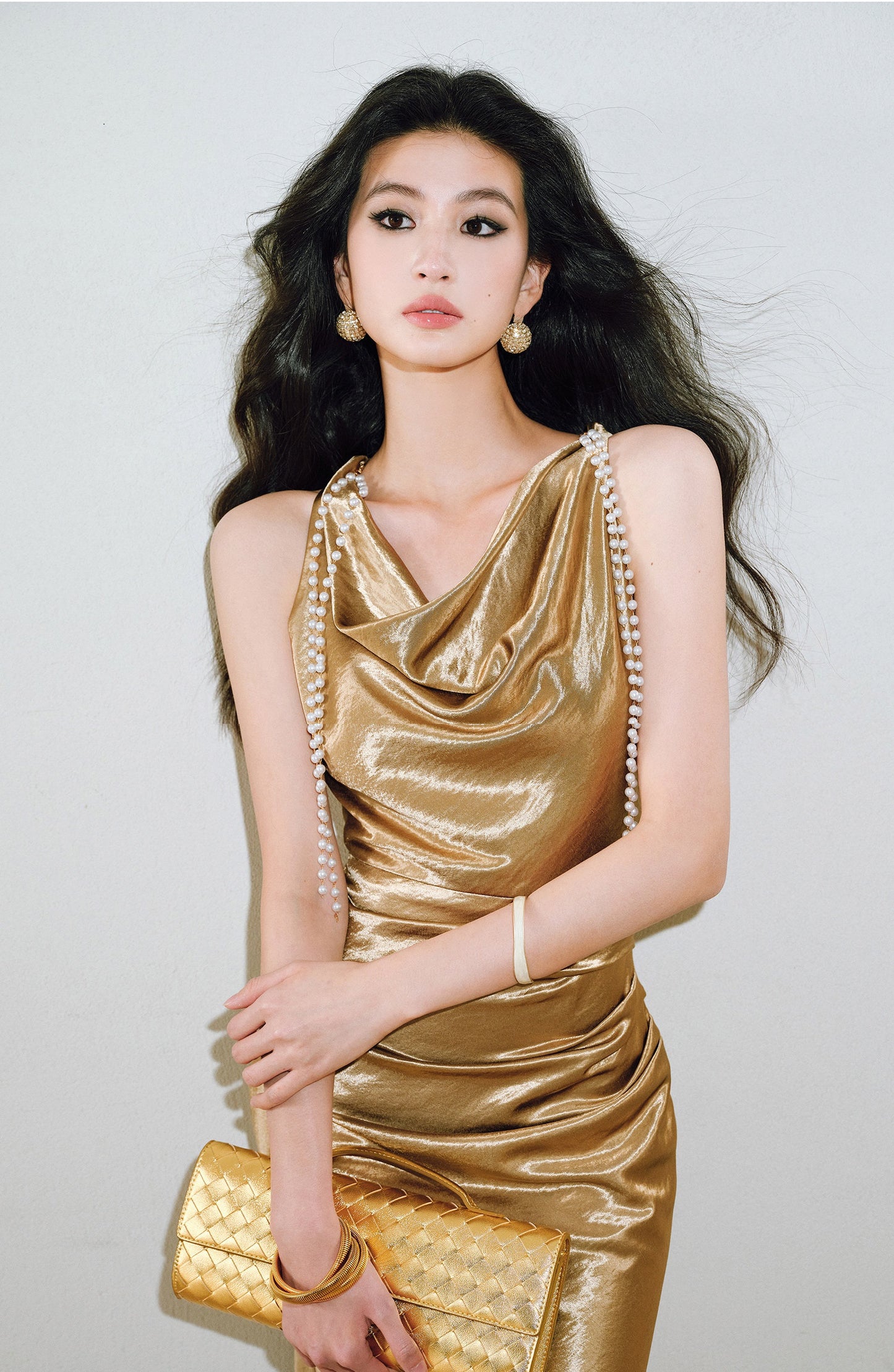 WANGXO |Detachable Pearl Pendant Swing Neck Waist Fishtail Dress -NOYA
