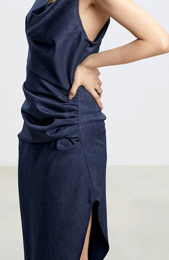 TINY IN irregular slanted shoulder slip slit long dress-GANS