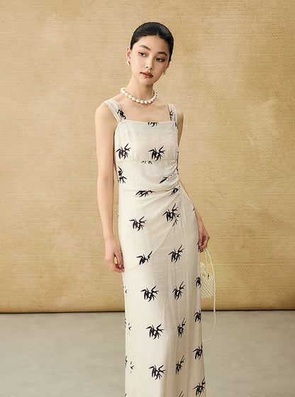 HECO Chinese irregular pleated camisole bamboo leaf print long dress- ROCK .