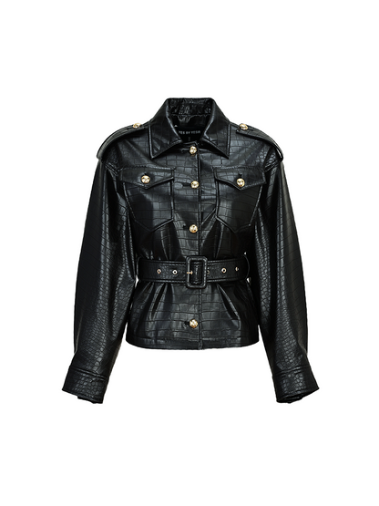 YES BY YESIR Crocodile leather short black jacket and skirt Set - SHIVER.