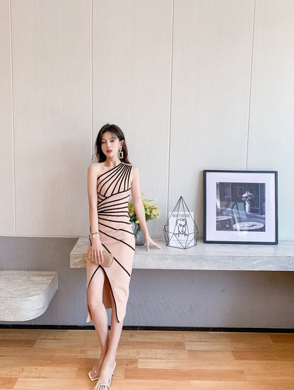 DOLLY Elegant One Shoulder Sleeveless Stripped Slim Fit Slit Dinner Dress-ZEN