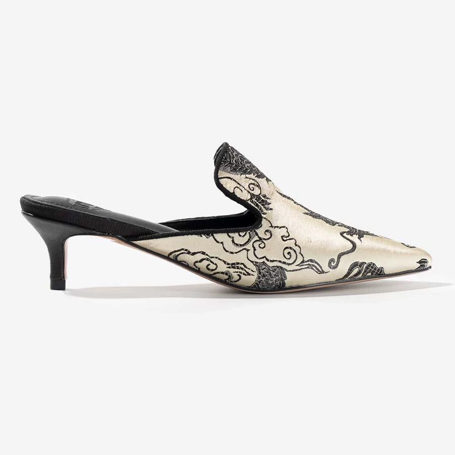 B-FEI Chinese dragon pattern embroidered kitten heel mules-JOER.