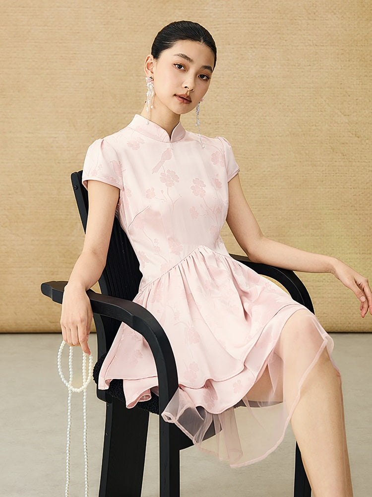 HECO Acetate Jacquard Midi Tiered Cap Sleeves Dress - HEART.