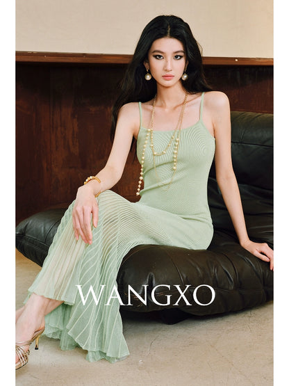 WANGXO | High-Quality Linen Tulle Temperament Suspender Fishtail Dress-LÉYA.