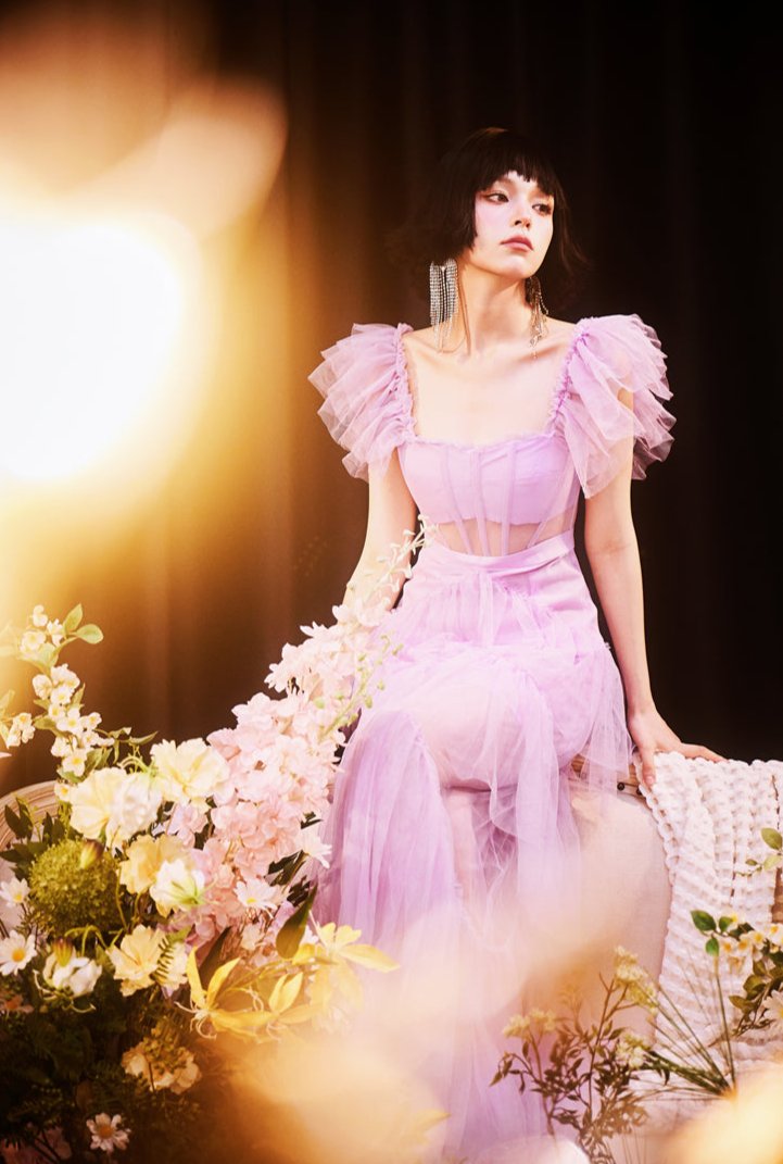 DOLLY High End Square Collar Short Ruffle Sleeves High Waist French Style Dress-MARIANA