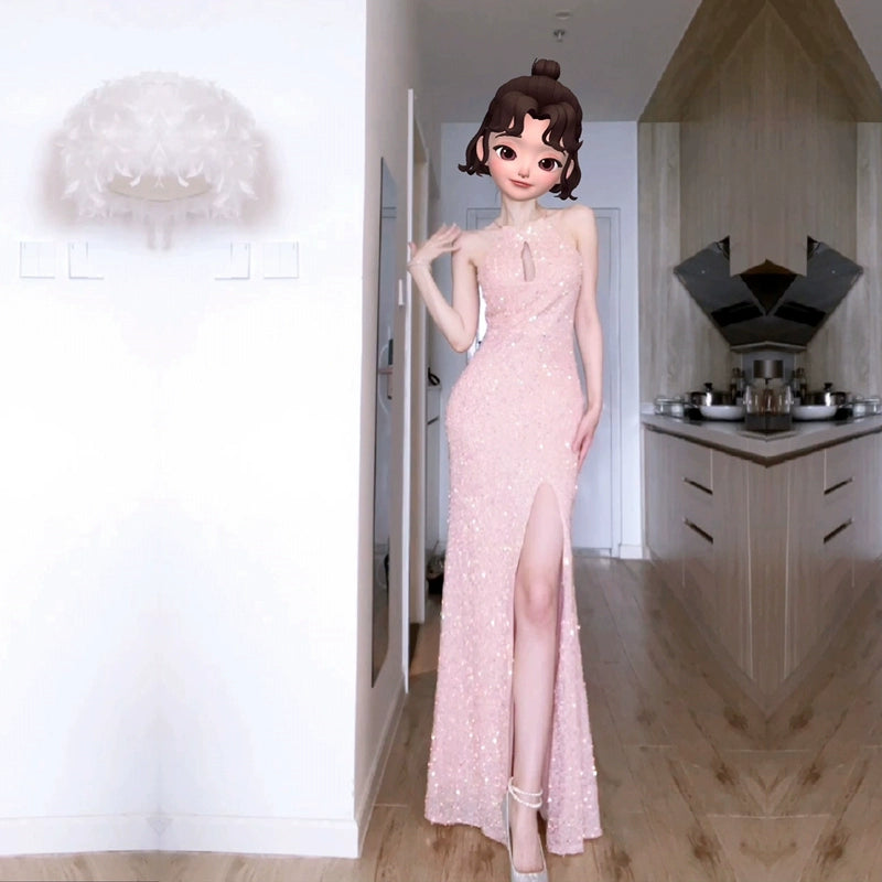 DOLLY Elegant Sleeveless Sequin Halter High Waist Fish Tail Evening Dress-BECCA