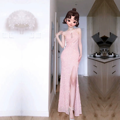 DOLLY Elegant Sleeveless Sequin Halter High Waist Fish Tail Evening Dress-BECCA